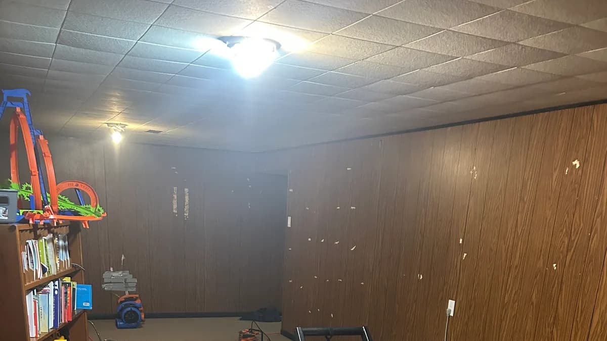 Professional extraction equipment set up on a worn basement carpet